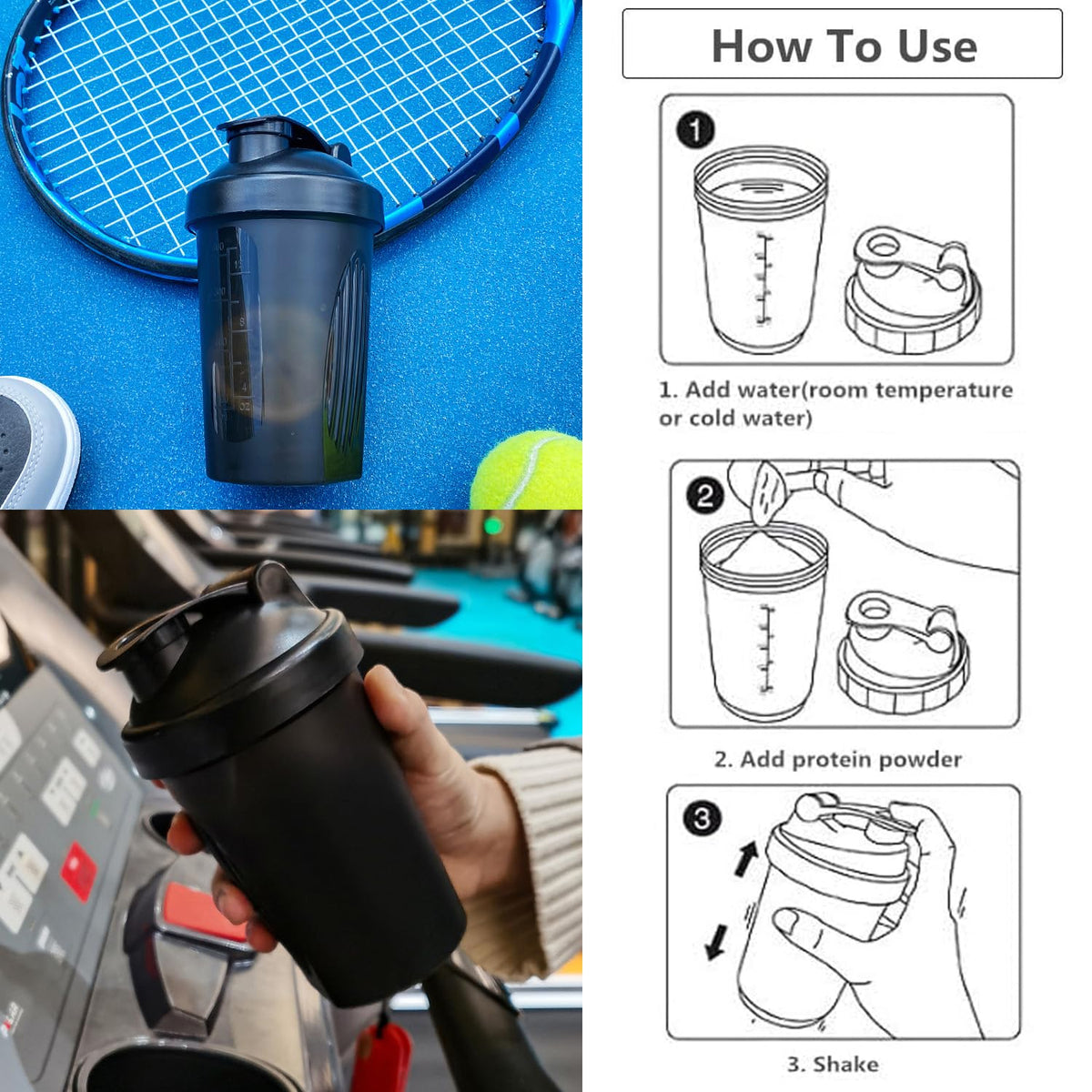Shaker Flasche 400ml für Gym Protein Mixer Schwarz